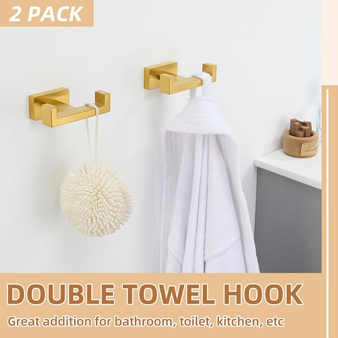 APLusee Double Bath Towel Hook 2 Pack, Solid Stainless Steel Square Dual Coat Holder, Modern Bathroom Kitchen Storage Hanger Wall Mounted, Brushed Dark Gold