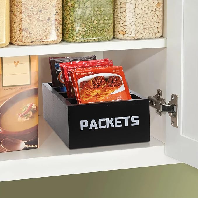 BSTKEY Seasoning Packet Organizer, Food Packet Storage Organizer with 4 Compartments, Black Wooden Storage Caddy for Kitchen Pantry Cabinet, Farmhouse Kitchen Organization Bin for Snacks Spice Packets