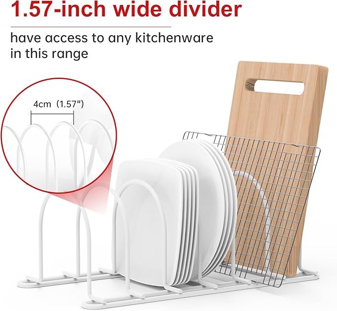 JAQ Plate Rack for Cabinet, 10.5" Vertical Dish Organizer for Plates, Pot Lids, Cutting Boards & Baking Sheets, Metal Kitchen Cabinet Organizer for Pantry Countertop (2-Pack, White)