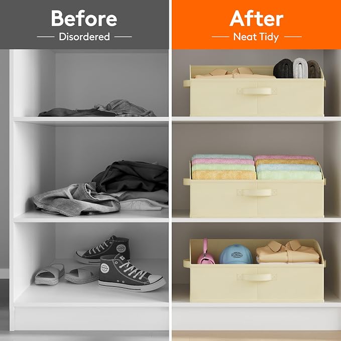 Lifewit Trapezoid Closet Storage Bins for Shelf, 6 Packs Non-woven Closet Organizer Baskets with Handles, Foldable Clothes Containers Boxes for Clothing, Book, Purse, 23L, Extra Large, Beige