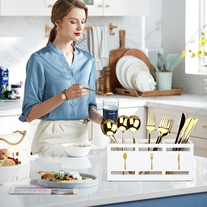 Ayiaren Wood Flatware Silverware Caddy White Cutlery Holder Kitchen Utensils Holder for Party Wooden Silverware Organizer for Countertop Knife Spoon and Fork Holder Table Utensil Caddy Organizer