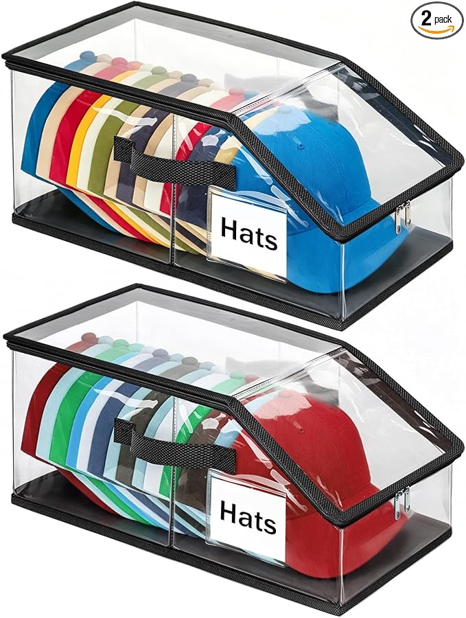 Foldable Clear Baseball Cap Storage Organizer – Stackable Transparent Hat Display Case with Zipper Closure 2 Pack– Space-Saving Protective Unit for Baseball Caps & Accessories Black Trim