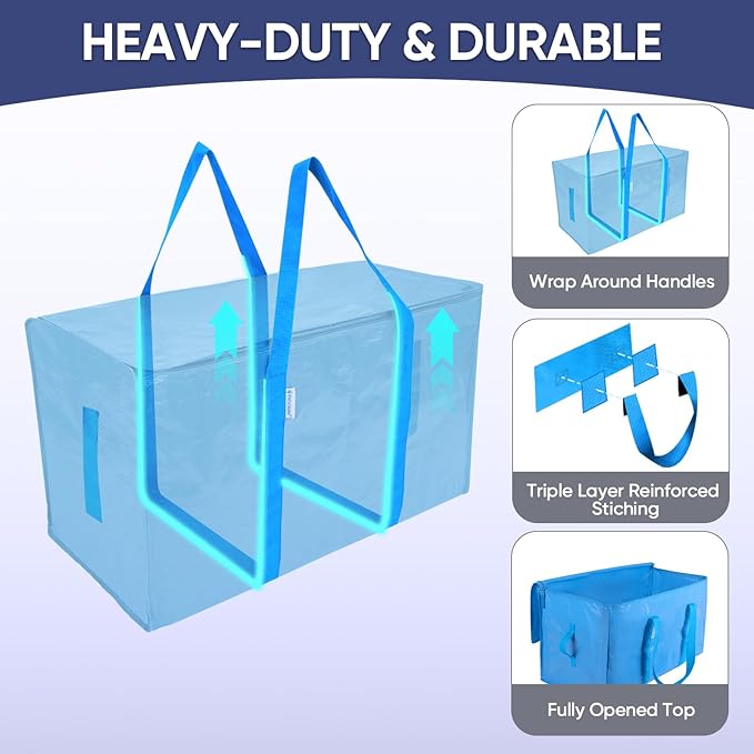 TICONN 6 Pack Extra Large Moving Bags Heavy Duty with Zippers & Carrying Handles, Durable Storage Bags Moving Boxes for Closet Organizers and Storage (6 Pack, Sky Blue)