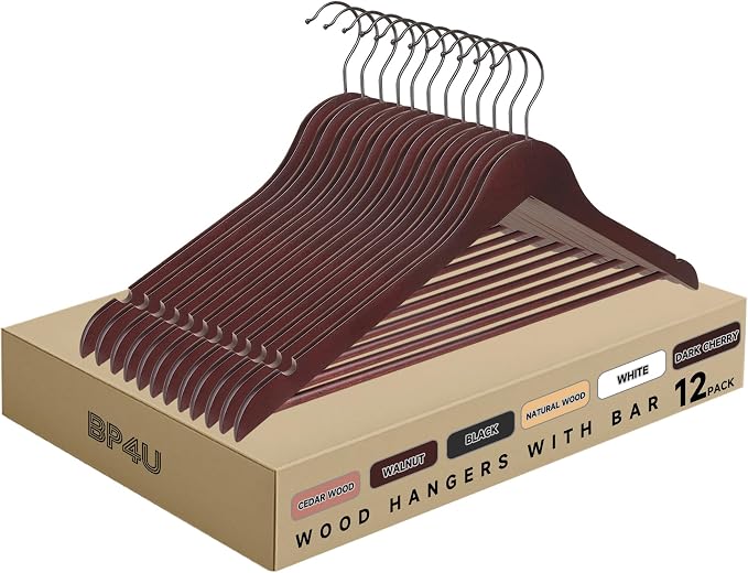 Quality Wooden Clothes Hangers, Solid Wood Suit & Coat Hangers with Pants Bars, Swivel Hook, Shoulder Notches, Heavy Duty Hangers for Shirts, Jackets, Dresses & Trousers(Mahogany/12-Pack)