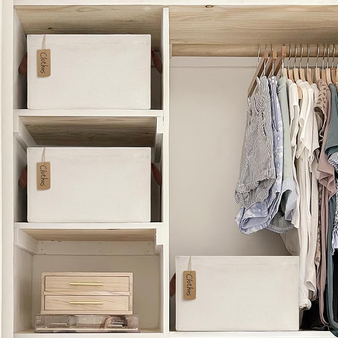 CHICVITA Storage Bins for Shelves, Closet Bins for Organization, Collapsible Storage Baskets for Towels, Rectangle Basket for Bedroom, 14 ¾" L x 10 ¼" W x 8 ¼" H, Beige, 2-Pack