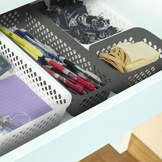 Glad Plastic Storage Basket Set - Multipurpose Drawer Trays, Kitchen Pantry Containers, and Bathroom Bins - Narrow Organizers, Grey, 6 Count (Pack of 4)