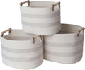 RGI Home Storage Baskets for Organizing, Textured Linen and Fabric Rope, Set of 3 Oval Decorative Woven Bins, Multi-Sized with Easy-Carry Premium Wooden Handles, Cream with Ivory Trim
