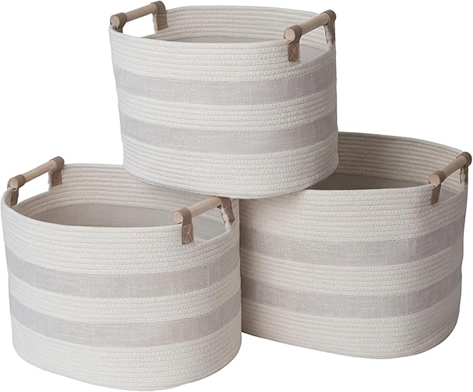 RGI Home Storage Baskets for Organizing, Textured Linen and Fabric Rope, Set of 3 Oval Decorative Woven Bins, Multi-Sized with Easy-Carry Premium Wooden Handles, Cream with Ivory Trim