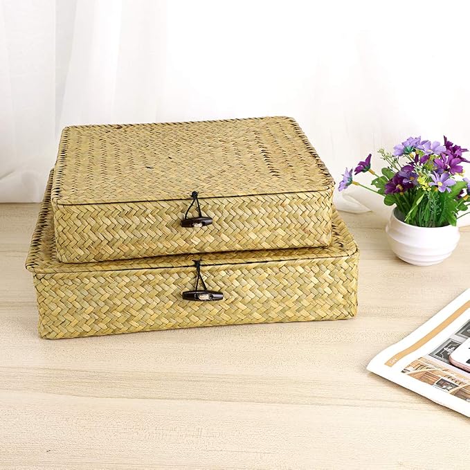 Hipiwe Natural Seagrass Storage Bins with Lid, Woven Wicker Basket Boxes Home Organizer Bins Shelf Organizer Box,Set of 2