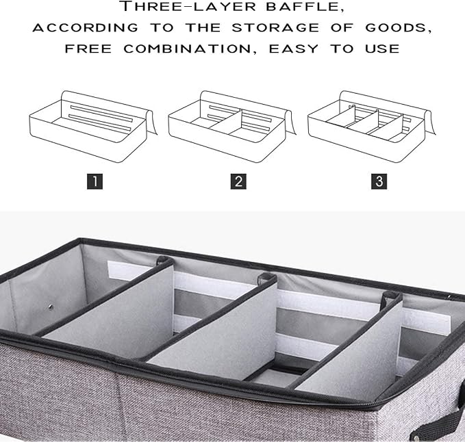 AARAINBOW 2 Packs Foldable Under Bed Clothes Organizer with Lids, Underbed Storage Container with Adjustable Dividers, UnderBed Storage Bins with Handles and Clear Window (Gray+Light Gray)