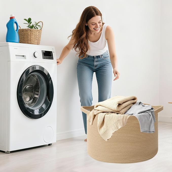 90L Extra Large Blanket Basket,Woven Rope Laundry Basket Hamper with Handles, Decorative Nursery Basket Storage Bin for Toys, Clothes Organizer, Living Room, Bedroom, Bathroom, Camel
