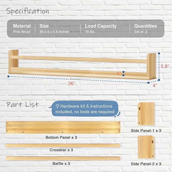Harwaya Wooden Wall Bookshelf for Kids Room, Large Nursery Floating Shelves for Kids Bedroom, Natural Wood Wall Mounted Bookshelves for Baby Toddler Classroom Library Books (36 Inch Long, 3-Pack)