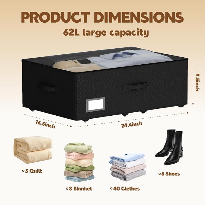 Under Bed Storage with Wheels, 2-Pack Under Bed Storage Containers, No Assemble Required 10 inches Height, Rolling underbed storage Drawers, Underbed Storage Bins for Shoes, Clothes, Blankets, Toys