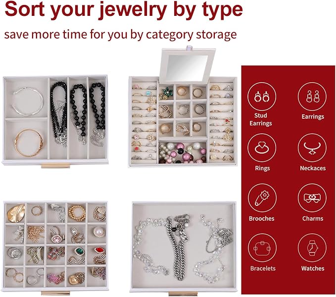 BOOVO Clear Lid Jewelry Box,3 Layers Jewelry Organizer Large Jewelry Storage Box with 2 Drawers,Jewelry Holder Organzier of Rings Earrings Necklace Bracelets for Women (White, 4 Layer)