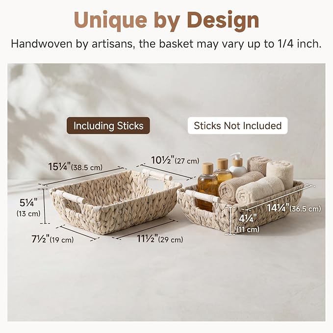 Storageworks Wicker Baskets for Shelves, Set of 2 Water Hyacinth Basket Organizer, Large Wicker Baskets for Storage, Decorative Storage Basket with Wooden Handles for Gifts, White