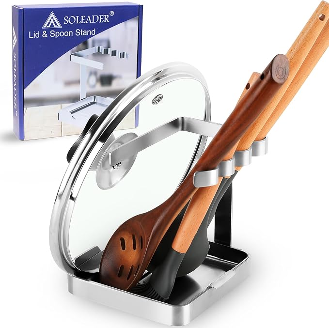 SOLEADER Pot Lid Holder While Cooking, 2 in 1 Stainless Steel Upright Spoon Rest with Drip Tray, Space Saving Kitchen Utensil Organizer for Stove Top Countertop, Lid Rack for Pots and Pans