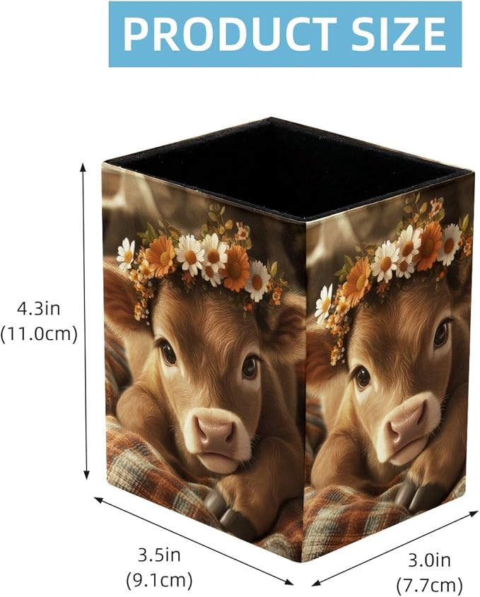 Pen Holder for Desk, Baby Cow Flowers Pencil Holder, Pen Cup Functional Desk Organizer for Office Supplies