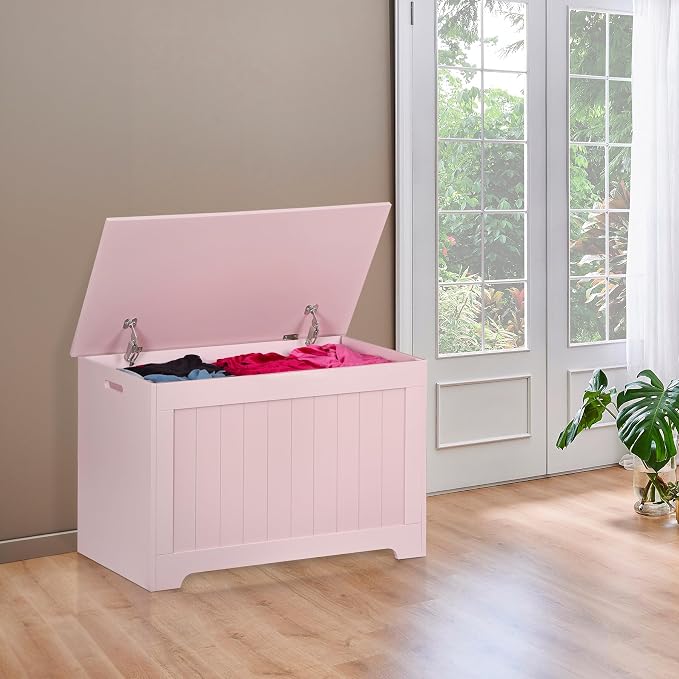 LEMY Storage Bench, Wooden Chest Box with 2 Safety Hinges, Modern Organizer Cabinet for Living Room, Bedroom, Entryway, Pink