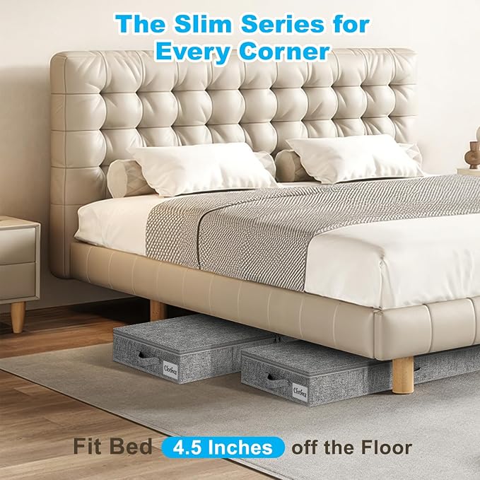 Under Bed Storage Container Bin 4 Pack, 4.5 Inch Slim Low Profile Underbed Clothes Storage Organizer for Dorm & Home, Use for Blanket and Toy Storage Box W/ Sturdy Bottom/Sides, Foldable Thick Fabric
