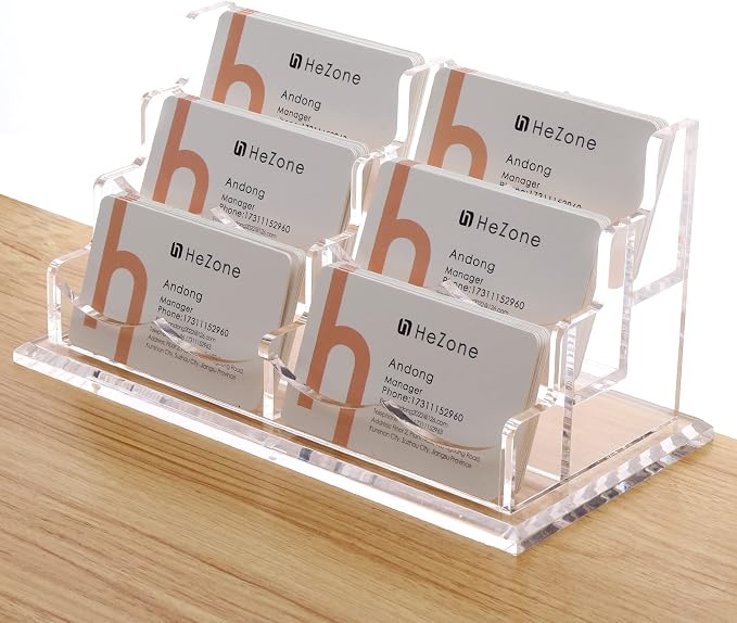 HeZone Business Cards Holder Display for Desk, Clear Acrylic Multiple 3 Tier 6 Slot Business Card Stand, Holds 300 Cards-1 Pack (6 Slots-H)