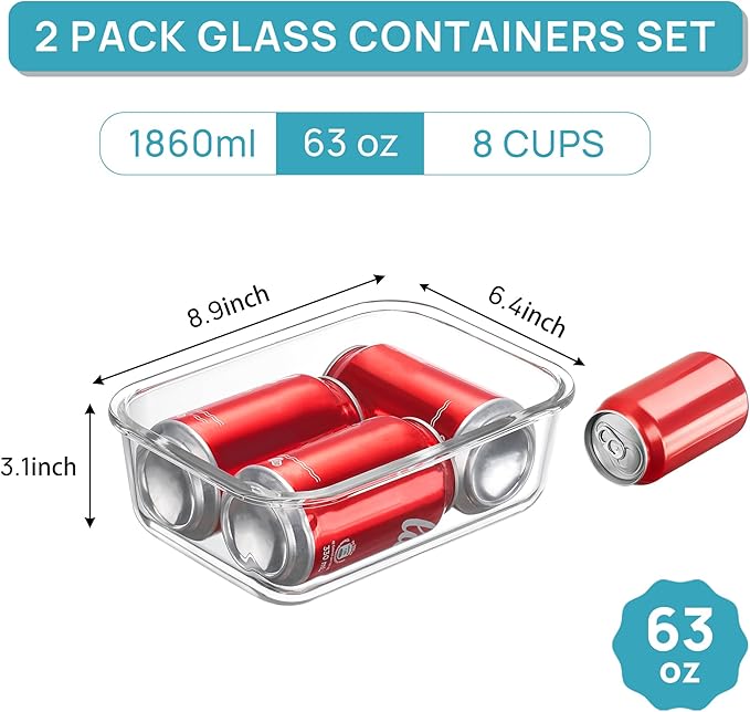 Vtopmart 2Pack 1860ml/63oz Large Glass Storage Containers With Lids, Green | Meal Prep Food Container Set with Snap Airtight Lid, For Baking, Microwave, Oven, Leak Proof, Freezer, Dishwasher, BPA Free
