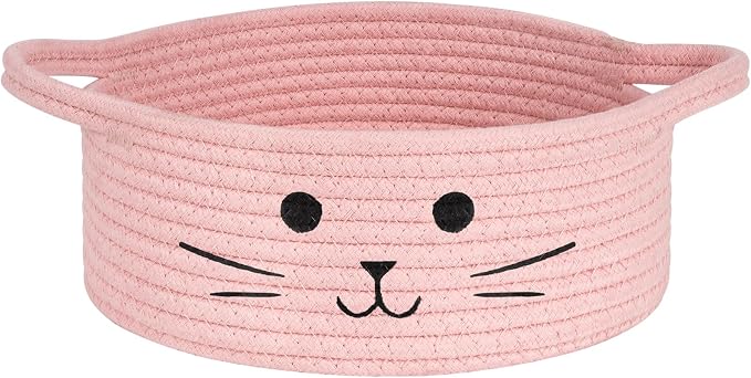 Small Rope Basket, Pink Cute Cat Toy Basket for Living Room, Gift Baskets Empty for Living Room, Decorative woven Baskets for Nursery, Baby Organizing & Towel Storage, 9.8 x 4 inches