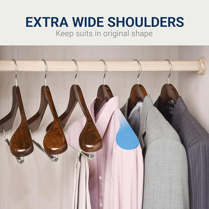Amber Home 6 Pack Wide Shoulder Wooden Suit Hangers, Retro | Retro Wood Coat Hangers with Non Slip Locking Bar, Clothes Hangers for Jackets, Sweaters, Pants & Heavy Clothes