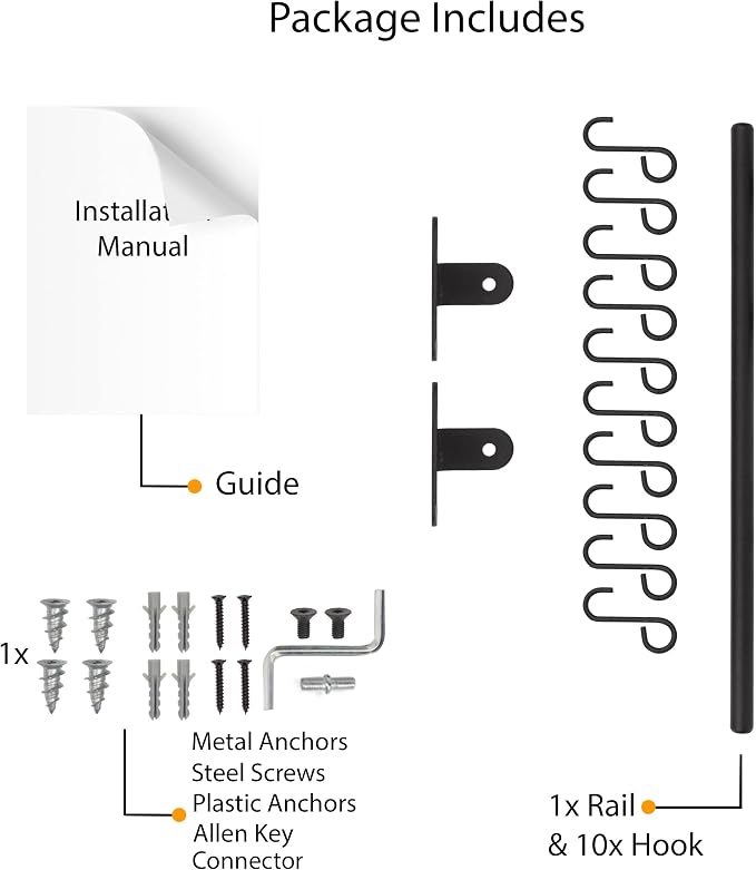 Wallniture Lyon Kitchen Rail with 10 Utensil Holder S Hooks for Hanging Kitchen Utensils Set and Cookware, 17" Frosty Black