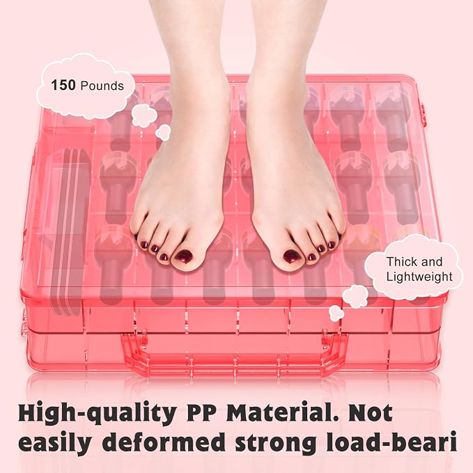 SUBAY 2 Pcs Portable Nail Polish Organizer, Clear Double Side Nail Polish Holder,Gel Nail Storage for 48 Bottles with 6 Adjustable Dividers in Each Side Space Saver Red