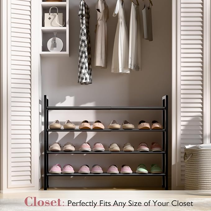 Bumusty 4-Tier Expandable Shoe Rack for Closet, 18“-33” Adjustable Shoe Rack for Small Space, Small Shoe Organizer for Front Door, Sturdy Metal, Black