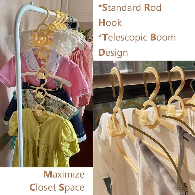 Baby Clothes Hangers 20 Pack Plastic Kids Hangers Space Saving for Closet | Yellow Hanger for Toddler Girl and Boy - Lightweight Anti-Slip Cascading Padded Slim Extendable Adjustable Pants Bear Hangar