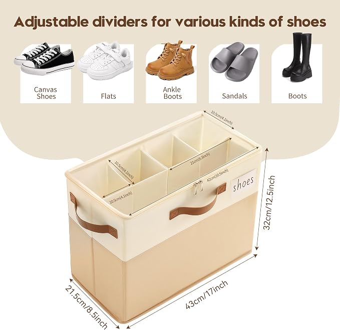 Varhomax Shoe Organizer Box 3 Pack for Closet,Small Fabric Shoe Storage Bin with Adjustable Dividers & Clear Cover, Saving Space Sneakers & Sandals Containers for Entryway, Cubby