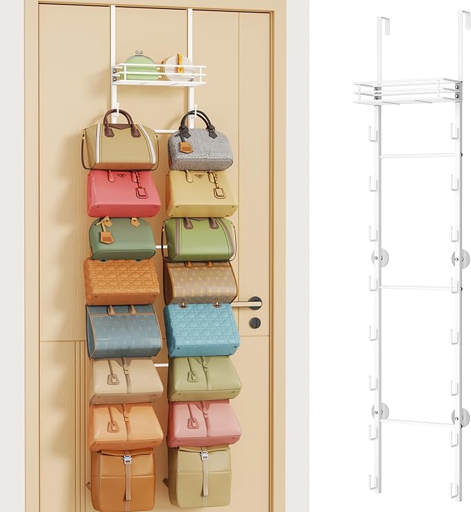 HapiRm Over the Door Purse Organizer - Wall Mounted Purse Rack with 16 Hooks and Metal Basket, Hanging Handbag Organizer Holds up to 16 Bags, Bag Rack Can Use As 1/2 Part, for Door, Closet (White)