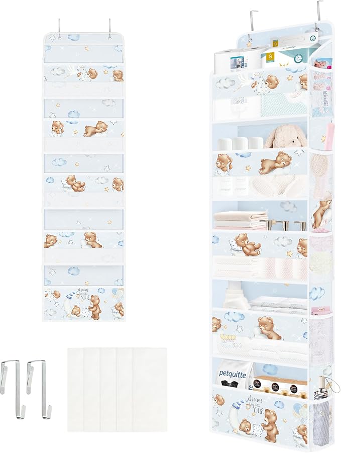 Clastyle Slepping Bear Over The Door Organizer Star Nursery Hanging Storage Organizer for Kids Clothes Diaper Toy Closet Door Hanging Shelf Storage for Bedroom Bathroom Pantry, Blue Balloon