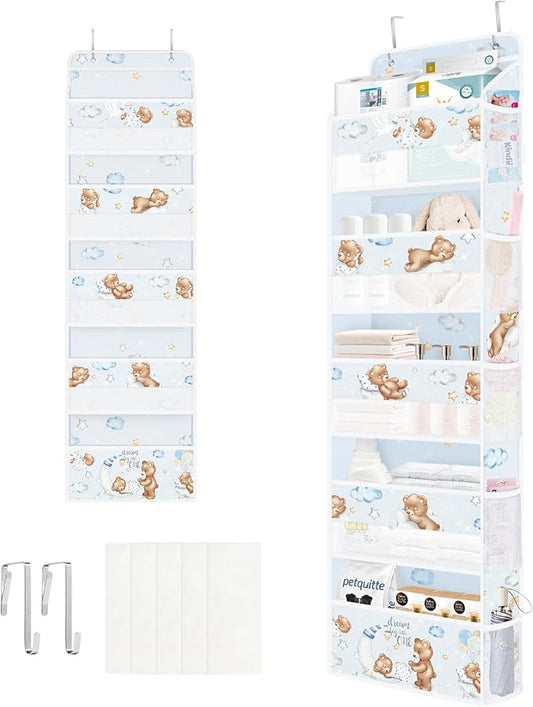 Clastyle Slepping Bear Over The Door Organizer Star Nursery Hanging Storage Organizer for Kids Clothes Diaper Toy Closet Door Hanging Shelf Storage for Bedroom Bathroom Pantry, Blue Balloon