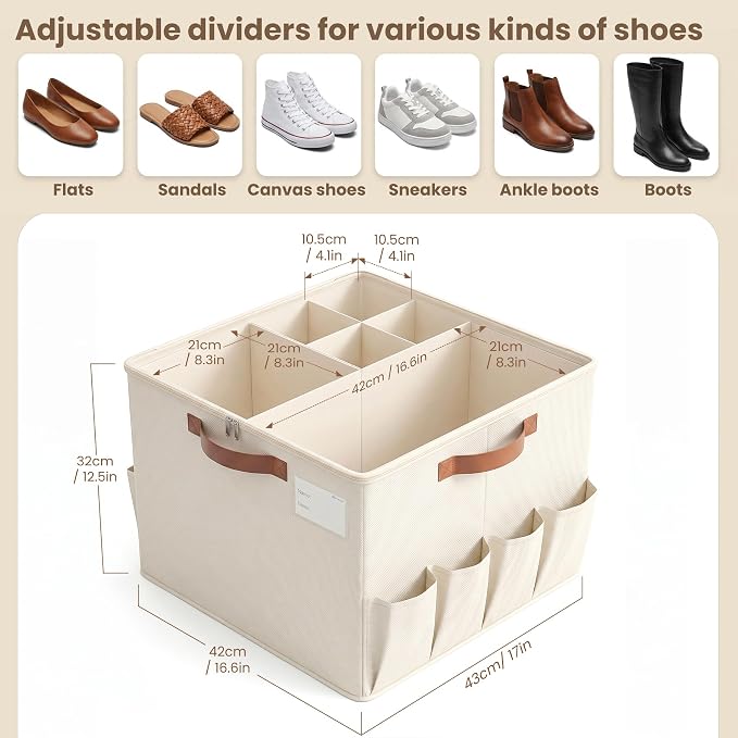 Varhomax Shoe Organizer Box for Closet, Fabric Shoe Storage Bin with Adjustable Dividers & Clear Cover, Holds up 16-32 Pairs of Sneakers & Sandals for Entryway, Cubby