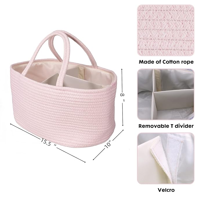 Large Baby Diaper Caddy Organizer for Girl Boy Rope Nursery Storage Bin Basket Portable Holder Tote Bag for Changing Table Car Travel Baby Shower Gifts Newborn Essentials Registry Must Haves Pink