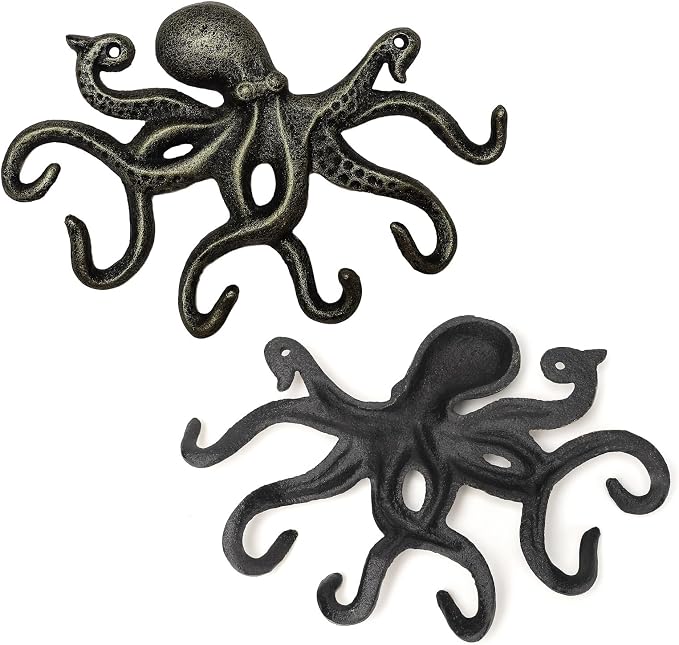 Key Holder for Wall, Octopus Wall Hooks Decorative for Hanging, Cast Iron Coat Hooks/Towel Hooks with 6 arms - Bronze