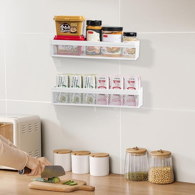 Hanging Wall Mount Storage Baskets with Adhesive Hooks & Screwing, Metal Wire Organizer Baskets for Home Decor, Kitchen, Bathroom, Pantry, Laundry, Closet, Garage, RV Black 2 Packs (White)