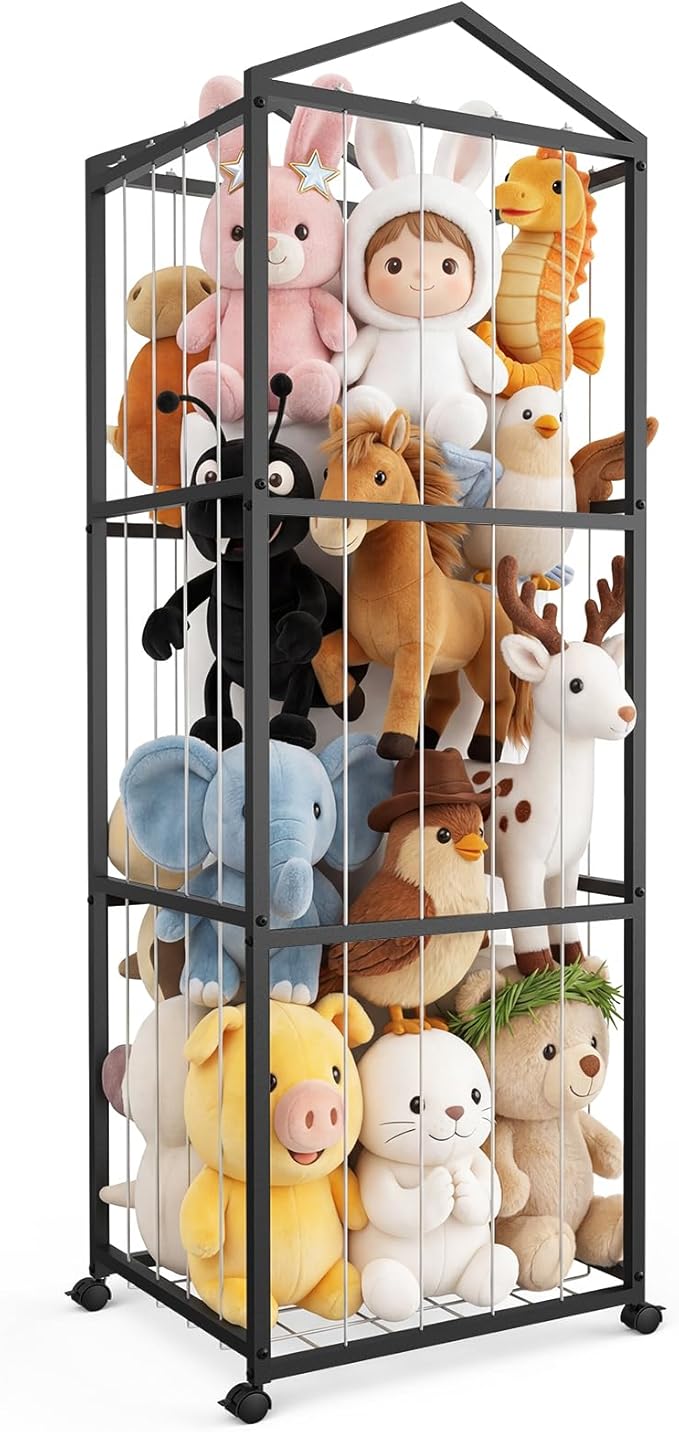 NomNest Stuffed Animal Storage Zoo, Large Metal Plushies Organizer, Heavy Duty Metal Teddy Bear Toy Holder with Wheels for Kids' Bedroom & Playroom & Nursery (Wheeled, Black)