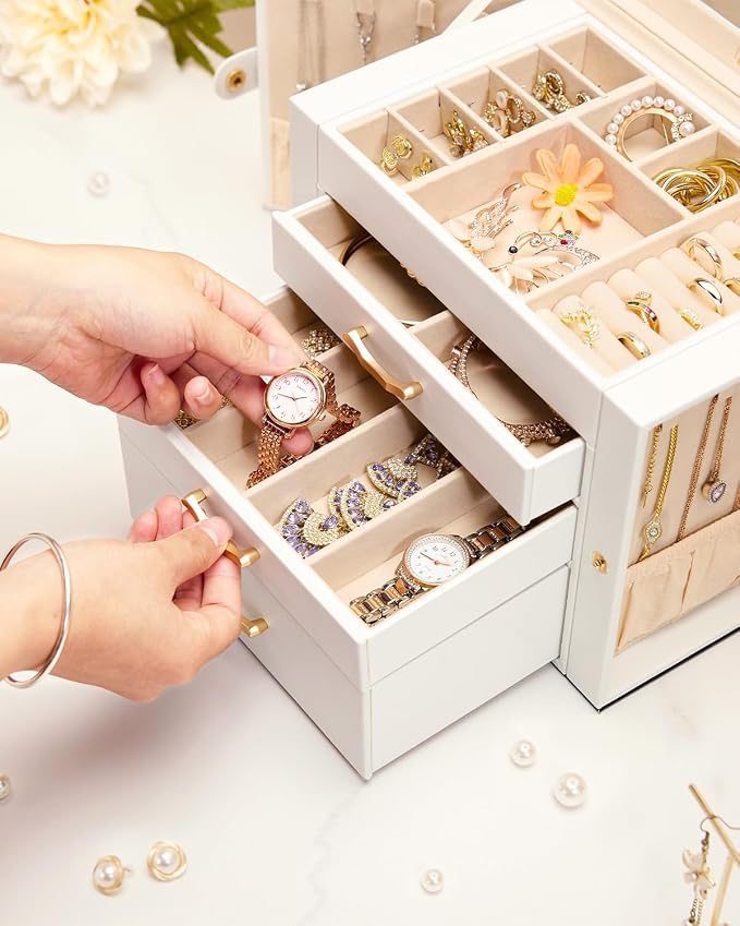 Enthralite Jewelry Box with 3 Drawers : Jewelry Display Organizer for Earrings Necklaces - Gift for Girls Women | White