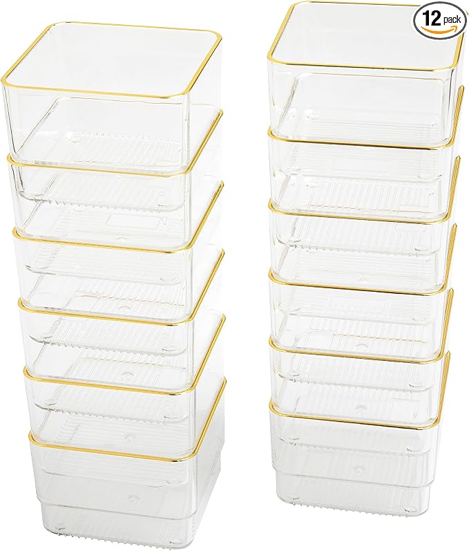 Martha Stewart Kerry Plastic Stackable Office Desk Drawer Organizers, 3" x 3", 12 Pack, with Gold Trim
