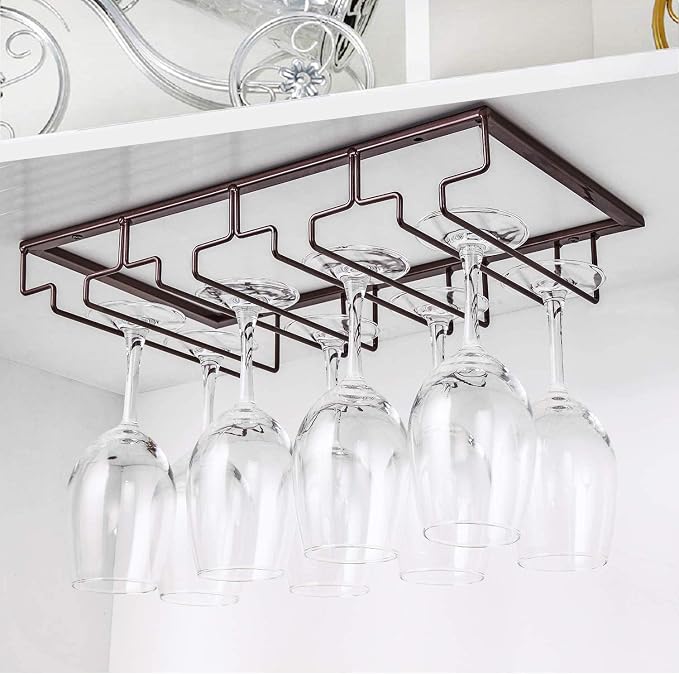 FOMANSH Wine Glass Rack - Under Cabinet Stemware Wine Glass Holder Glasses Storage Hanger 2 Pack Metal Organizer for Bar Kitchen 4 Rows Brown