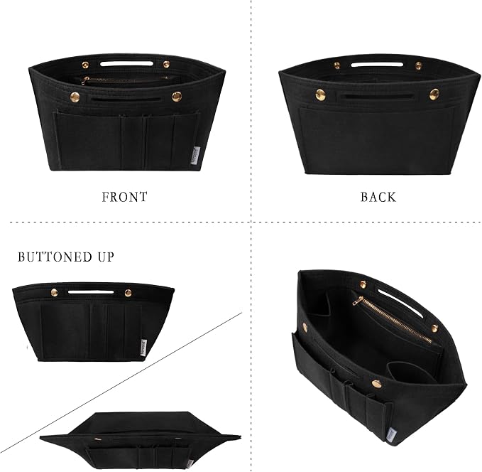 Vercord Purse Organizer Insert for Long champ Felt Organizer Insert with Zipper Handbag Insert Tote Shaper Storage Bag Black S