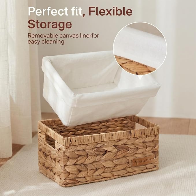 Water Hyacinth Wicker Baskets for Storage, Handwoven Rattan Shelf Basket for Organizing Pantry Closet Bedroom, 100% Natural Decorative Woven Organizer with Handles and Waterproof Canvas, 6 Pack