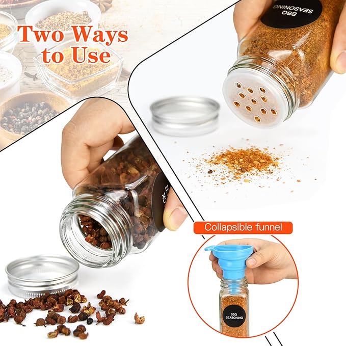 DkOvn 36pcs Glass Spice Jars, 4oz Empty Spice Jars with Metal Caps, Labels, Shaker Lids, Collapsible Funnel, Chalk Pen, Seasoning Organizer for Spice Rack