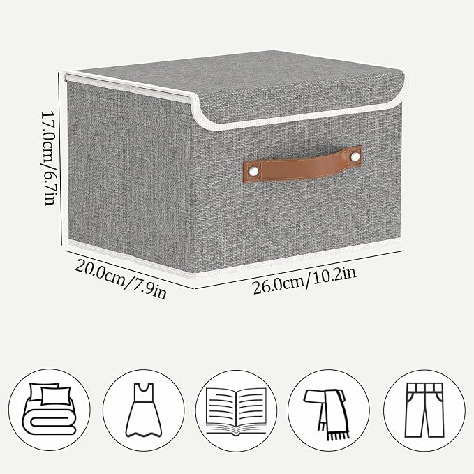 OUTBROS Collapsible Storage Boxes, Grey, 5 Pack 10.2 x 7.9 x 6.7 in | Cotton and linen cloth Storage Baskets with Handle, for Books, Closet, Bedroom, Home