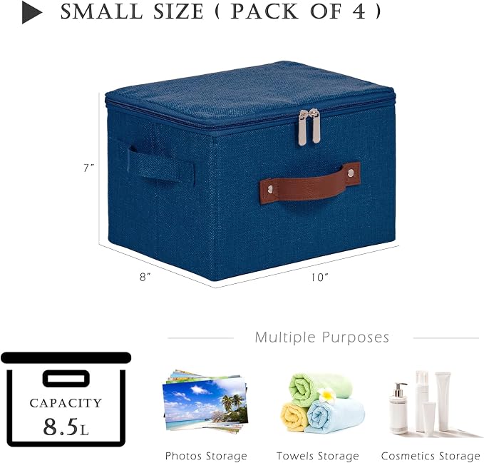4 Pack Storage Bins with Zipper Lid Cotton Linen Fabric Lidded Storage Baskets Boxes Foldable Washable Closet Shelf Clothes Organizer Container with PU Leather Handles (Deep Blue, Small)