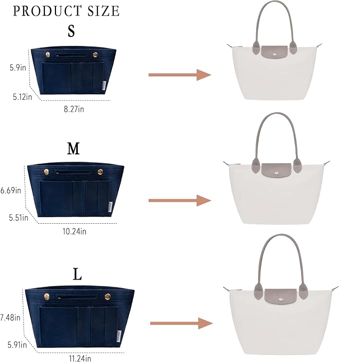 Vercord Purse Organizer Insert for Long champ Felt Organizer Insert with Zipper Handbag Insert Tote Shaper Storage Bag Navy Blue L
