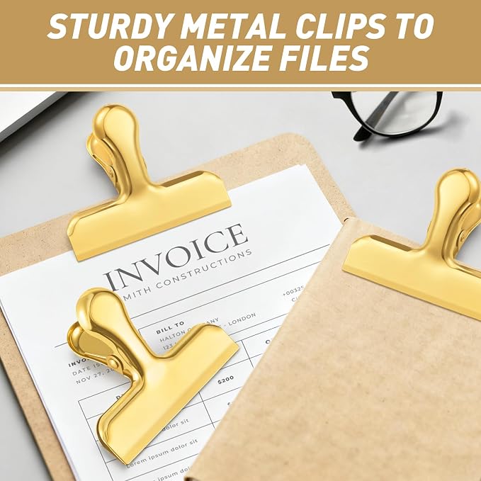 Funfery Chip Clips Bag Clips Gold Stainless Steel Clip for Food Storage,Air Tight Seal Chip Bag Clip 3 Inch Strong Food Clipp for Snack,Chips,Kitchen Decor,Home&Office Paper Heavy Duty-8 Pack